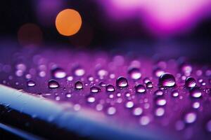 Close up Raindrops on window with soothing purple light illuminating them AI Generated photo