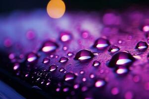 Close up Raindrops on window with soothing purple light illuminating them AI Generated photo