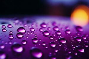 Close up view of raindrops on a window, kissed by purple light AI Generated photo