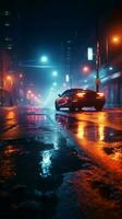 Neon-lit urban setting with searchlight beam, smoky abstract ambiance on wet asphalt Vertical Mobile Wallpaper AI Generated photo