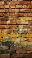 Old and weathered grungy yellow and red brick wall as seamless pattern texture background Vertical Mobile Wallpaper AI Generated photo