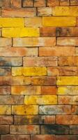 Old and weathered grungy yellow and red brick wall as seamless pattern texture background Vertical Mobile Wallpaper AI Generated photo