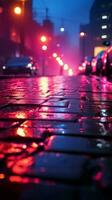 Reflections of neon lights, searchlight, and smoke on damp pavement Vertical Mobile Wallpaper AI Generated photo