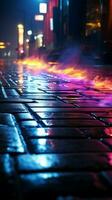 Reflections of neon lights, searchlight, and smoke on damp pavement Vertical Mobile Wallpaper AI Generated photo