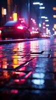 Reflections of neon lights, searchlight, and smoke on damp pavement Vertical Mobile Wallpaper AI Generated photo