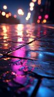 Reflections of neon lights, searchlight, and smoke on damp pavement Vertical Mobile Wallpaper AI Generated photo