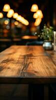 restaurante ambiente difumina detrás un de madera mesas parte superior superficie vertical móvil fondo de pantalla ai generado foto