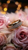 Romantic ambiance with gold rings, Eustoma roses, and soft pink feathers for a wedding Vertical Mobile Wallpaper AI Generated photo