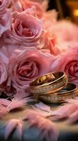 Romantic ambiance with gold rings, Eustoma roses, and soft pink feathers for a wedding Vertical Mobile Wallpaper AI Generated photo