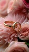 romántico ambiente con oro anillos, eustoma rosas, y suave rosado plumas para un Boda vertical móvil fondo de pantalla ai generado foto