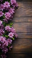 Rustic wooden texture complemented by a vibrant lilac flower arrangement Vertical Mobile Wallpaper AI Generated photo