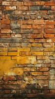 Seamless pattern background with an old and weathered yellow and red brick wall Vertical Mobile Wallpaper AI Generated photo