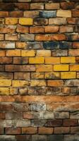 Seamless pattern background with an old and weathered yellow and red brick wall Vertical Mobile Wallpaper AI Generated photo