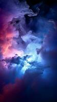 sereno oscuridad envuelto por púrpura y azul reflectores en medio de fumar vertical móvil fondo de pantalla ai generado foto