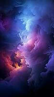 Serene darkness enveloped by purple and blue searchlights amidst smoke Vertical Mobile Wallpaper AI Generated photo