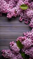 Serene lilac blooms grace a wooden plank background, spring's enchantment Vertical Mobile Wallpaper AI Generated photo