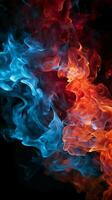 Striking red and blue fire emerges from the black backdrop Vertical Mobile Wallpaper AI Generated photo