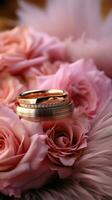 elegante Boda ajuste con oro anillos, eustoma rosas, y delicado rosado plumas vertical móvil fondo de pantalla ai generado foto