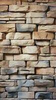 Textured stone wall brick with a seamless pattern of sandstone facade Vertical Mobile Wallpaper AI Generated photo