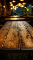 Top view of a wooden table against a blurred bar interior Vertical Mobile Wallpaper AI Generated photo