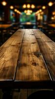 Top view of a wooden table against a blurred bar interior Vertical Mobile Wallpaper AI Generated photo