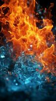 Vibrant fire and cool ice motifs contrast on a black background Vertical Mobile Wallpaper AI Generated photo