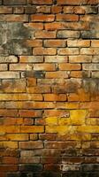 Weathered yellow and red brick wall, seamless pattern texture background Vertical Mobile Wallpaper AI Generated photo