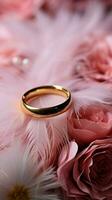 Wedding Background with gold Rings, Eustoma rose flower and light pink feather Vertical Mobile Wallpaper AI Generated photo