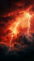 Apocalyptic dramatic background - bright lighnings in dark red stormy sky Vertical Mobile Wallpaper AI Generated photo