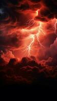 Apocalyptic dramatic background - bright lighnings in dark red stormy sky Vertical Mobile Wallpaper AI Generated photo