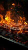 Barbecue spectacle, Empty grill illuminated by vibrant flames, a mesmerizing sight Vertical Mobile Wallpaper AI Generated photo