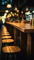 borroso antecedentes de un restaurante bar interior con un de madera mesa vertical móvil fondo de pantalla ai generado foto