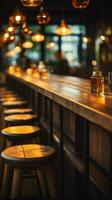 borroso antecedentes de un restaurante bar interior con un de madera mesa vertical móvil fondo de pantalla ai generado foto