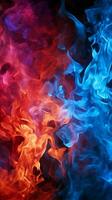 Bold red and blue flames ignite the darkness of the background Vertical Mobile Wallpaper AI Generated photo