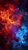 Bold red and blue flames ignite the darkness of the background Vertical Mobile Wallpaper AI Generated photo