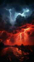 Brooding, apocalyptic atmosphere with vivid red lightning in the sky Vertical Mobile Wallpaper AI Generated photo