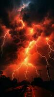 Brooding, apocalyptic atmosphere with vivid red lightning in the sky Vertical Mobile Wallpaper AI Generated photo