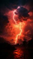 Brooding, apocalyptic atmosphere with vivid red lightning in the sky Vertical Mobile Wallpaper AI Generated photo