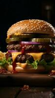 clásico combinación, sabroso hamburguesa con crujiente papas fritas en el lado vertical móvil fondo de pantalla ai generado foto