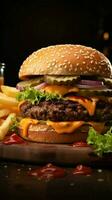 clásico combinación, sabroso hamburguesa con crujiente papas fritas en el lado vertical móvil fondo de pantalla ai generado foto