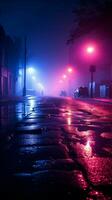 Dark street enveloped in neon reflections, searchlight beam, and smoky mist Vertical Mobile Wallpaper AI Generated photo