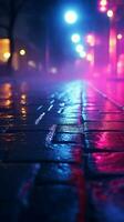 Abstract light patterns from neon lights, searchlight, and smoky fog on wet street Vertical Mobile Wallpaper AI Generated photo