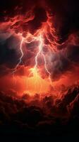 dramático rojo tormenta cielo envuelto en electrizante apocalíptico relámpago vertical móvil fondo de pantalla ai generado foto