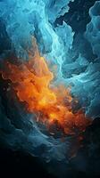 Dynamic black artwork showcases the fusion of fire and ice Vertical Mobile Wallpaper AI Generated photo