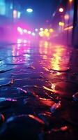 Abstract light patterns from neon lights, searchlight, and smoky fog on wet street Vertical Mobile Wallpaper AI Generated photo