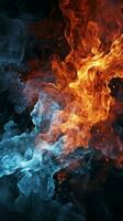 Dynamic fire and ice elements blend against a black background Vertical Mobile Wallpaper AI Generated photo