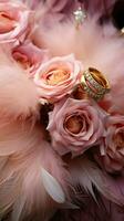 elegante Boda decoración presentando oro anillos, eustoma rosas, y ligero rosado plumas vertical móvil fondo de pantalla ai generado foto