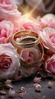 encantador Boda escena con oro anillos, eustoma rosas, y suave rosado plumas vertical móvil fondo de pantalla ai generado foto