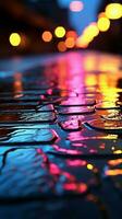 Abstract play of light on wet asphalt with neon reflections Vertical Mobile Wallpaper AI Generated photo