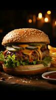 Flavorful feast, Scrumptious burger accompanied by crispy French fries Vertical Mobile Wallpaper AI Generated photo